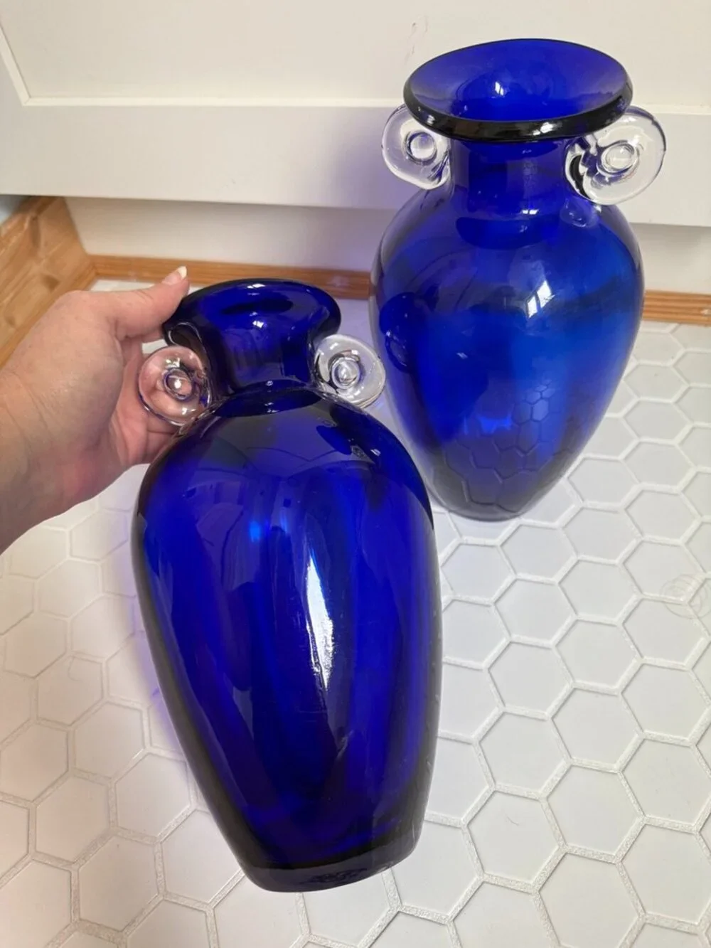 Vintage Pair Cobalt Blue Art Glass Vases 10